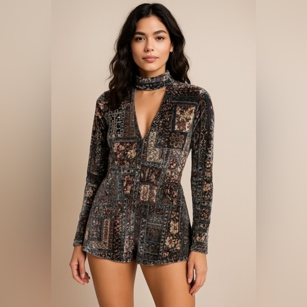 Velvet Jumpsuit Black and Brown Baroque Print